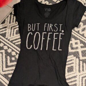 Women's Large Black Fitted - But First Coffee - T-shirt